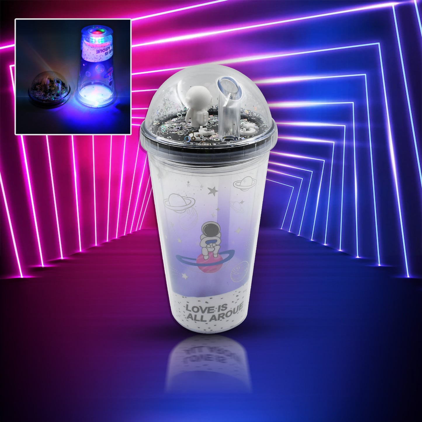 LED Glow Light, Design Printed Insulated Double Wall Plastic Tumbler Cups with Straws 13oz Theming Astronaut in Space Travel Freezer Mug Drinking Cups (Pack of 1)