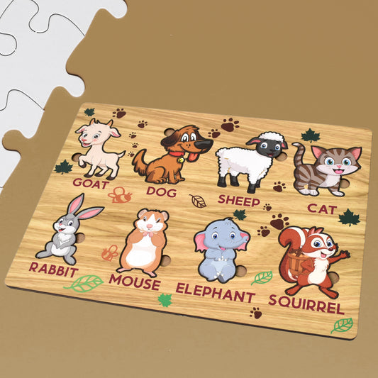 Wooden Puzzle Learning Board For Kids - (1 Pc Mix Design Random) Mix Designs Educational Jigsaw with Easy-Grip Knobs, Smooth Edges & Bright Illustrations