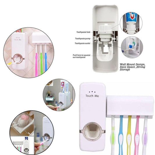 Automatic Touch Toothpaste Dispenser and Toothbrush Holder Wall Mounted Bathroom Organizer Set with 5 Toothbrush Slots (1 Set)