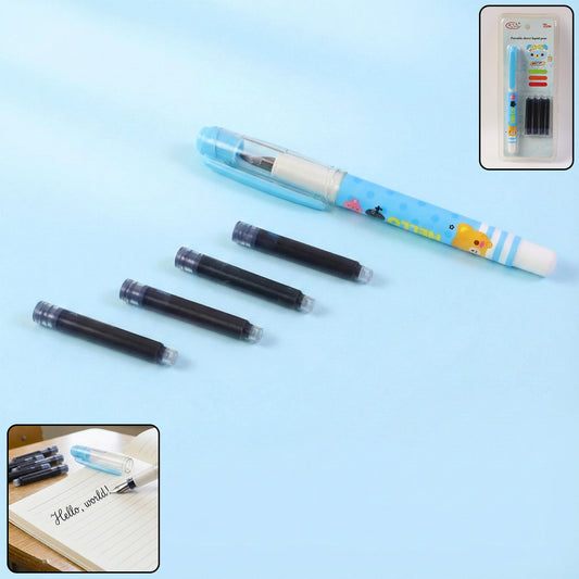 Cute Cartoon Liquid Ink-Pen Set with Refillable Ink Cartridges, Smooth Writing Fountain-Style Pen (1 Set)