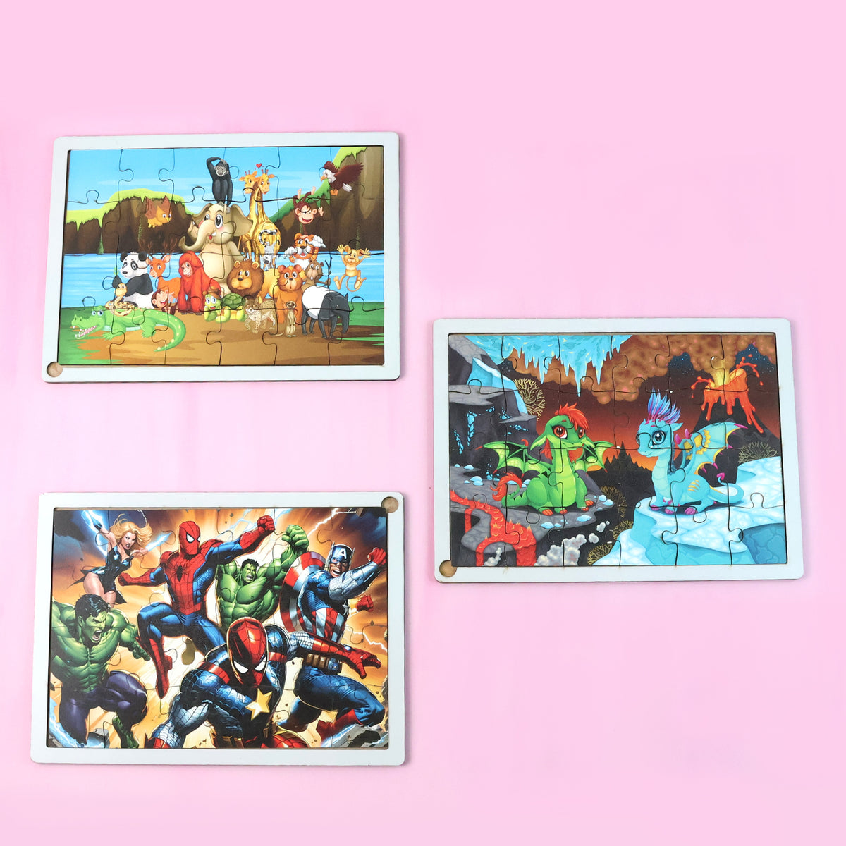 Educational Wooden Jigsaw Puzzle Board - (Mix Design 1 Pc) Cartoon/Animals/Superhero Themes | Early Learning Brain-Boosting Picture Puzzle | Age 3+