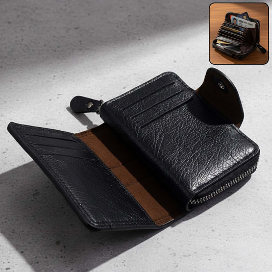 Premium Black Zip-Around Card Holder Wallet with Snap Closure & Accordion-Style Interior – High-Capacity Multi-Card Organiser (1 Pc)