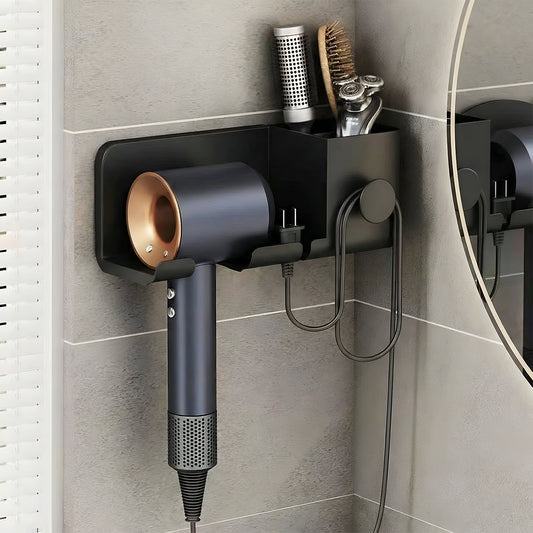 Wall Mounted Hair Dryer Holder with Organizer Shelf and Hooks Multipurpose Bathroom Storage Rack for Hair Styling Tools and Grooming Accessories (1 Pc)