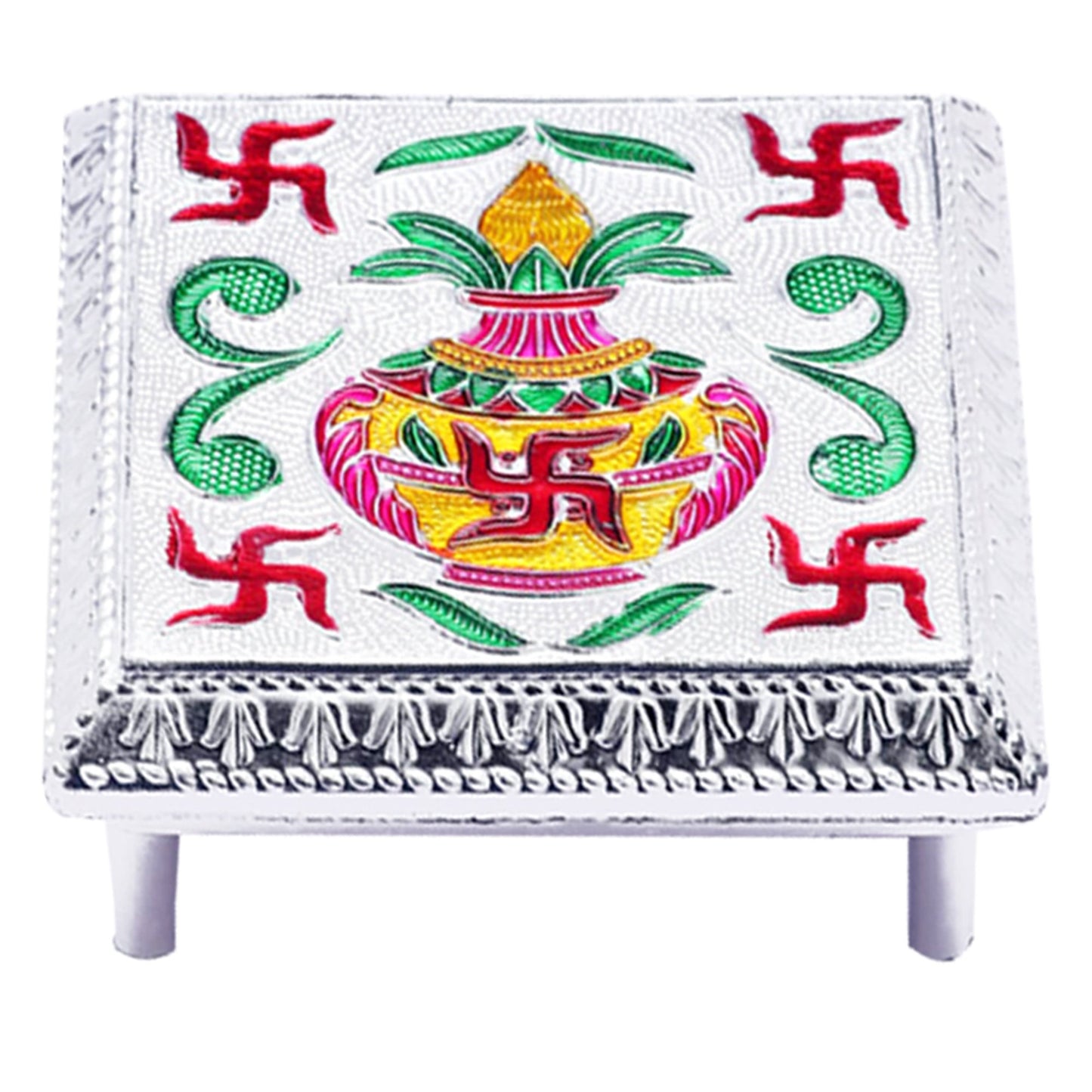 Fancy Aluminium Foil Designer Bajot Wooden Pooja Chowki for Home Temple, Religious Ceremonies and Festival Decoration (1 Pc)