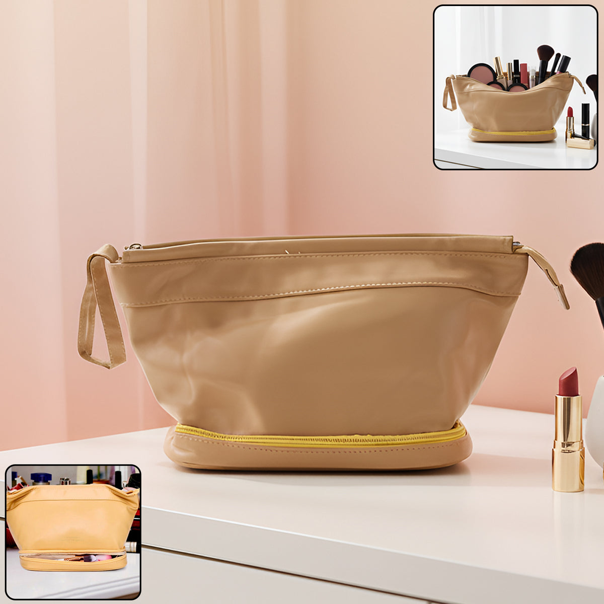 Spacious Cosmetic & Makeup Storage Bag with Dual-Compartment Base Zipper, Travel-Friendly Toiletry Organizer for Daily Use, Vanity Setup & Accessories – Elegant Soft-Finish Pouch