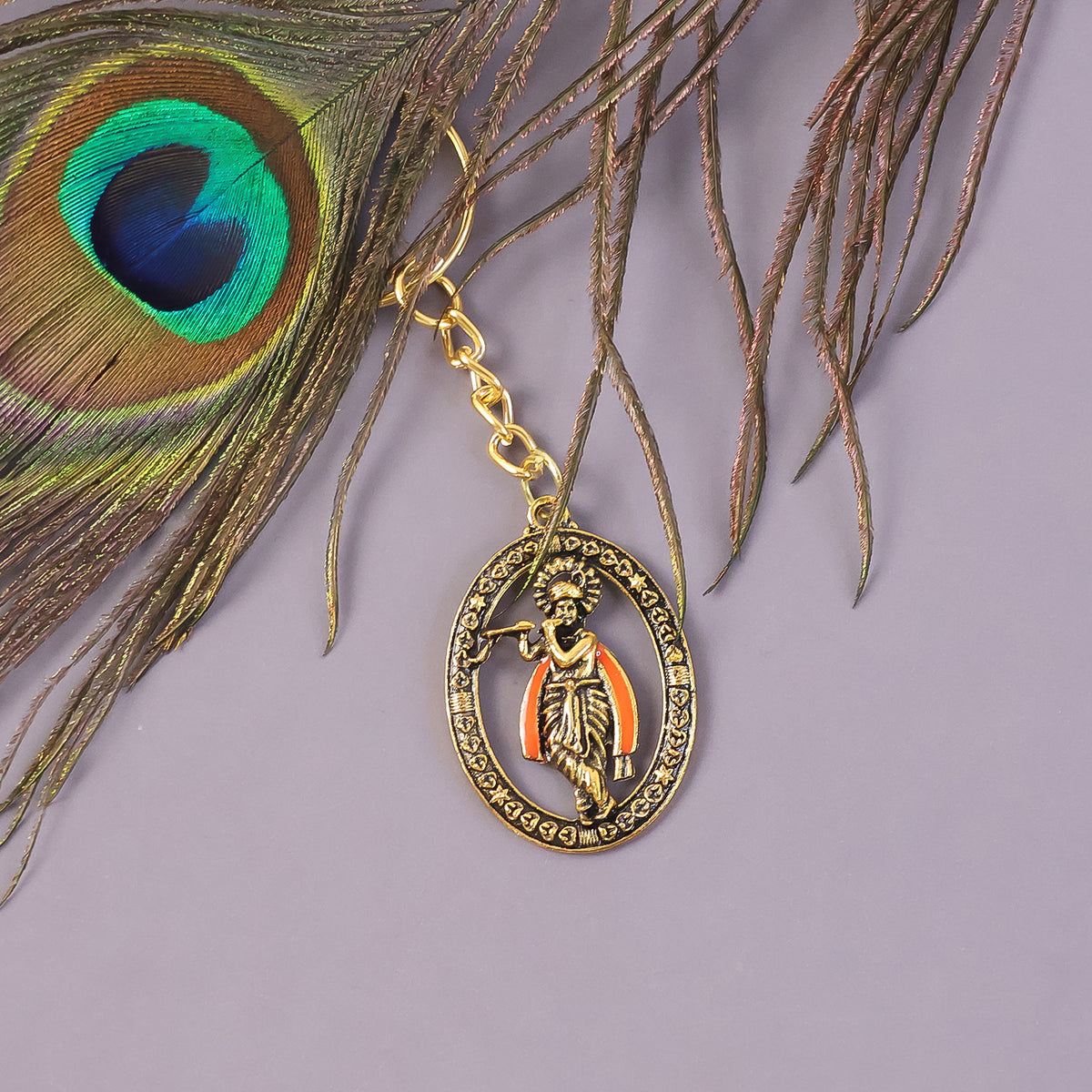 Metal Traditional Decorative Lord Krishna Keychain with Antique-Finish Oval Frame, Premium Religious Key Ring for Keys, Bags, Vehicles &; Gifting (1 Pc)