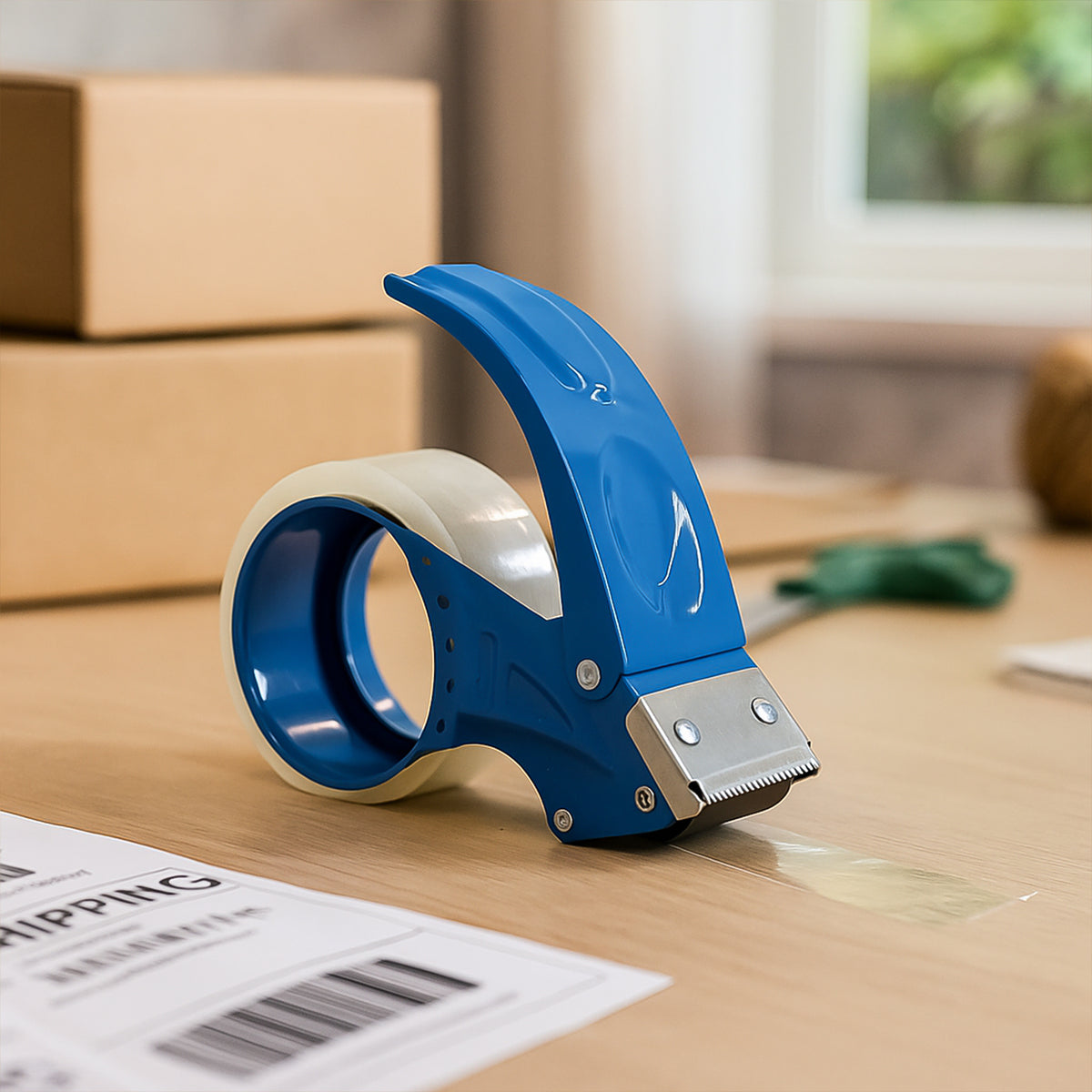 Heavy-duty Tape Dispenser/ Cutter - (1 Pc) | Ergonomic Handheld Packing Tape Gun with Serrated Steel Blade | Fits 3” Core