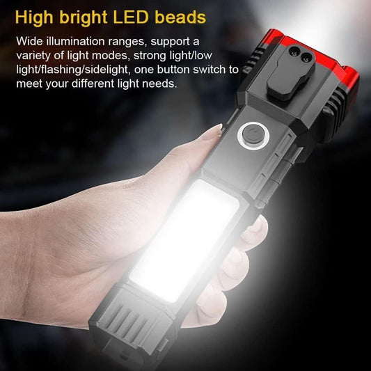 Multifunctional Work Portable LED Flashlight – Rechargeable Torch with Power Bank, Safety Hammer & 4 Modes