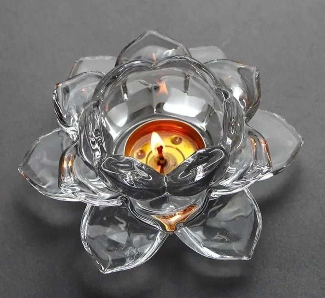 Glass Lotus Flower Tea Light Candle Holder – Transparent Glass Diya Holder