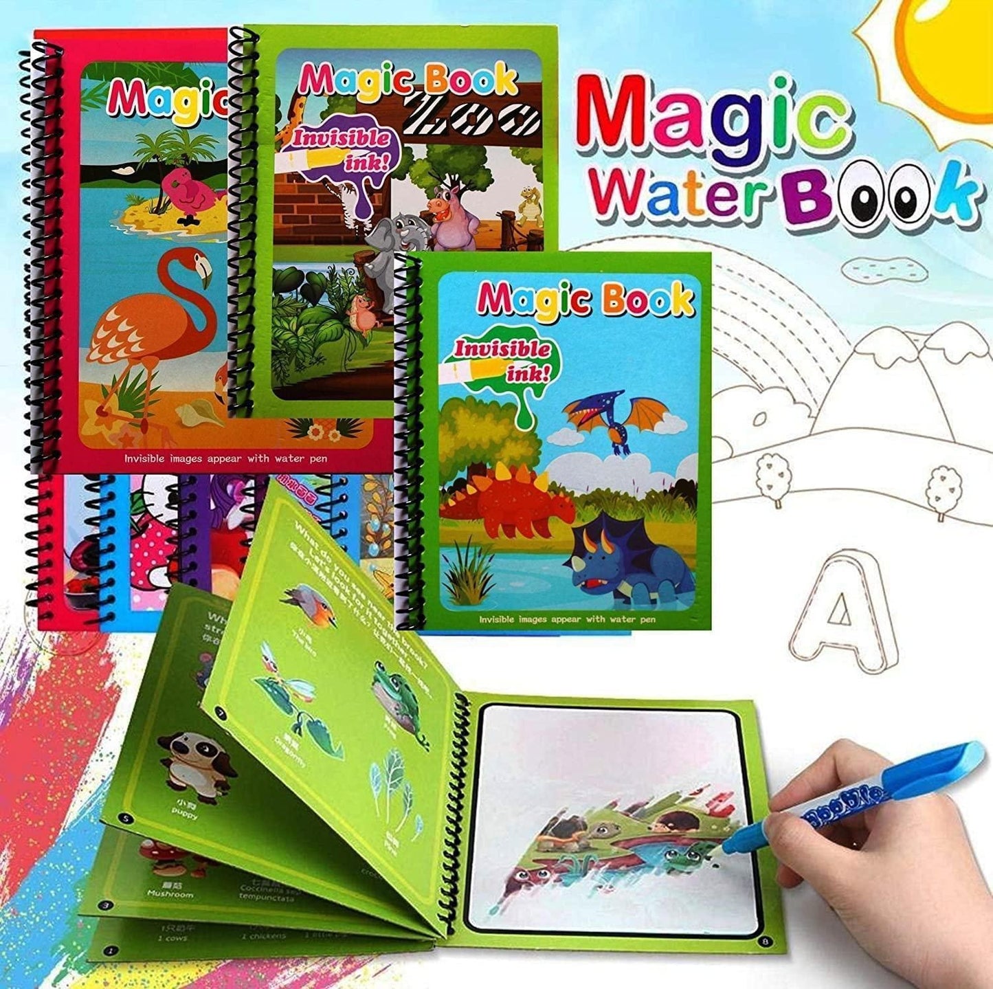 Reusable Magic Water Quick Dry Book for Kids | 4 Books Set with Water Pen | Multi-Color