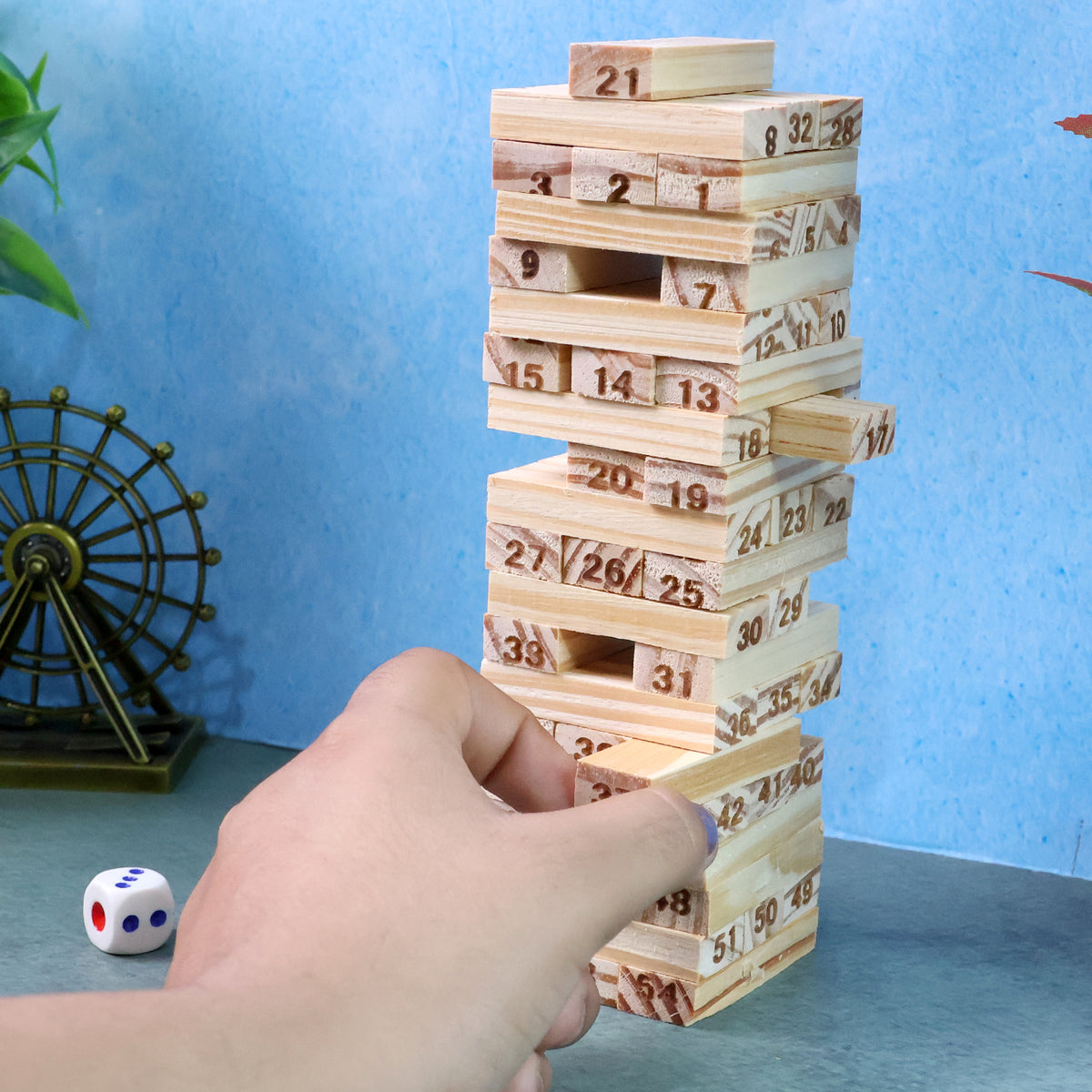 Wooden Tumbling Tower Game - 54 Numbered Blocks with 2 Dice – Classic Family Tabletop Stacking Game (Kids & Adults)
