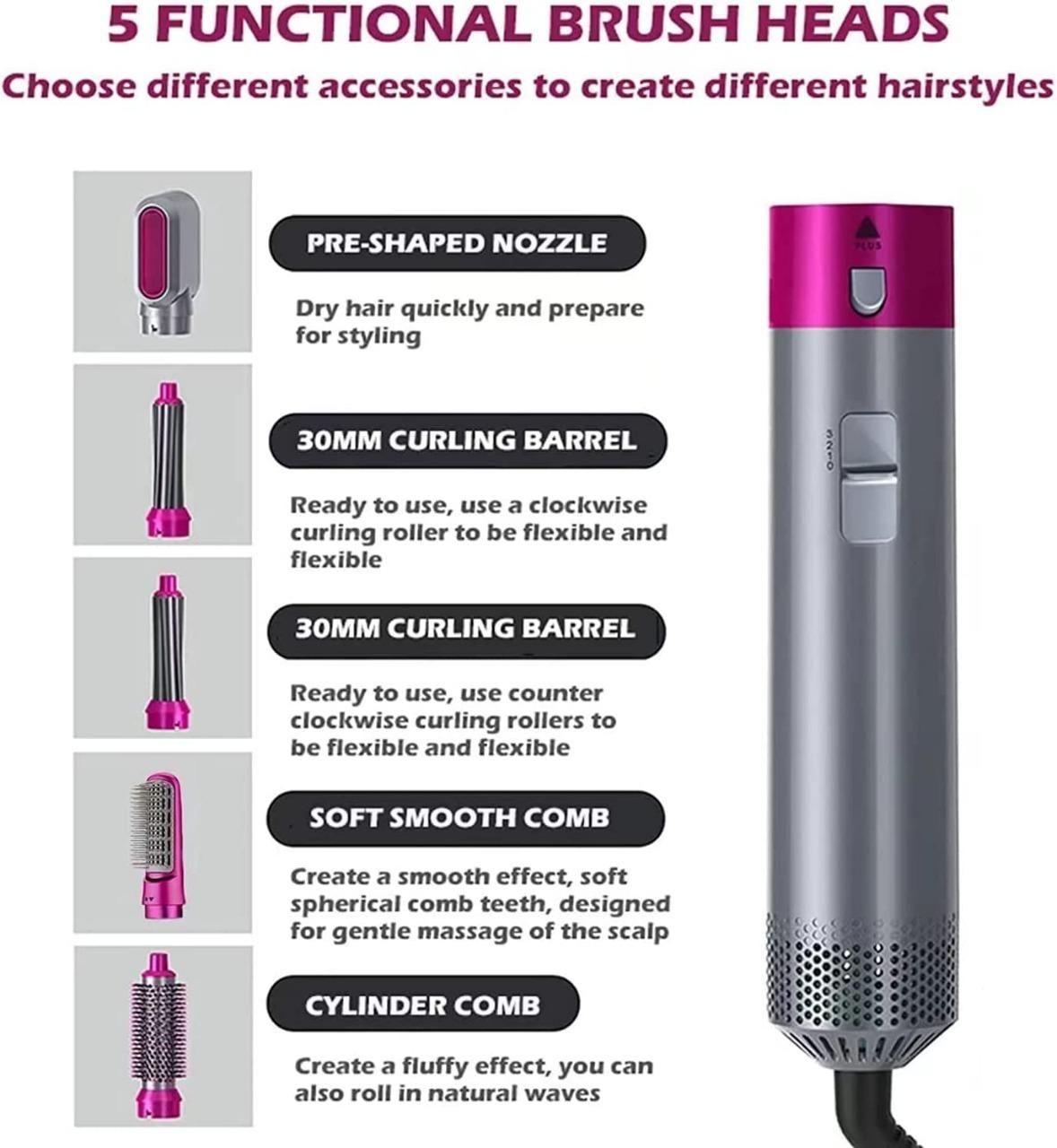 5 in 1 Multifunctional Hair Dryer Styling Tool | Detachable Multi-Head Hot Air Comb with Negative Ion Technology & Automatic Suction Hair Curler | Professional Hair Styler for Women (Grey)