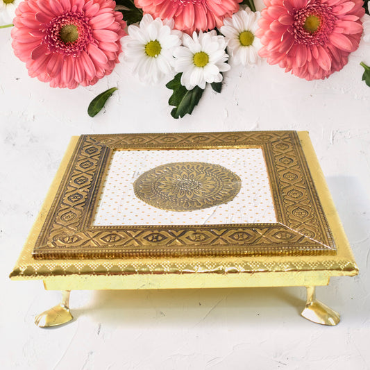 Golden Square Wooden Pooja Chowki Patla Bajot for Home Temple, Office Temple, Festivals and Religious Ceremonies 20 × 20 cm (1 Pc)