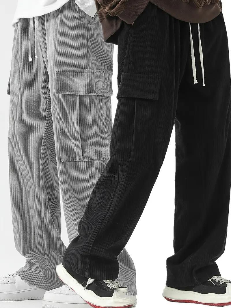 Men's Corduroy Cargo Pants Pack of 2 | Cotton Blend Solid Casual Trousers with Multiple Pockets | Comfortable Regular Fit for Men