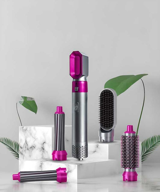5 in 1 Multifunctional Hair Dryer Styling Tool | Detachable Multi-Head Hot Air Comb with Negative Ion Technology & Automatic Suction Hair Curler | Professional Hair Styler for Women (Grey)