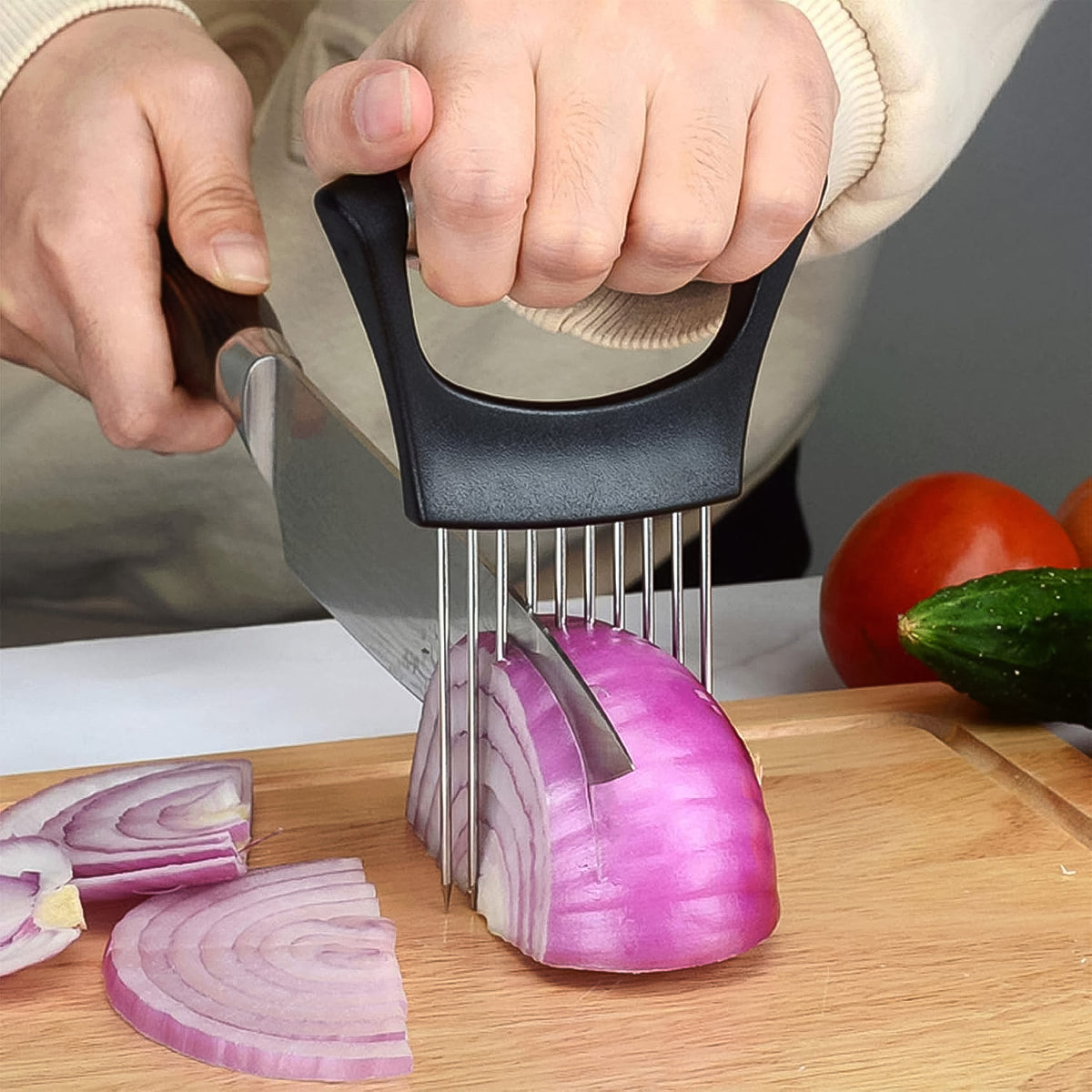 Stainless Steel Onion Cutter & Vegetable Slicer Holder – Safe, Precise & Effortless Cutting Tool for Everyday Cooking (1 Pc)