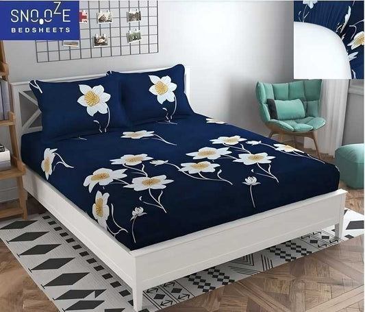 Fitted Bedsheet King Size with 2 Contrast Pillow Covers, No Shrinkage, (7ftx7ft Bed)