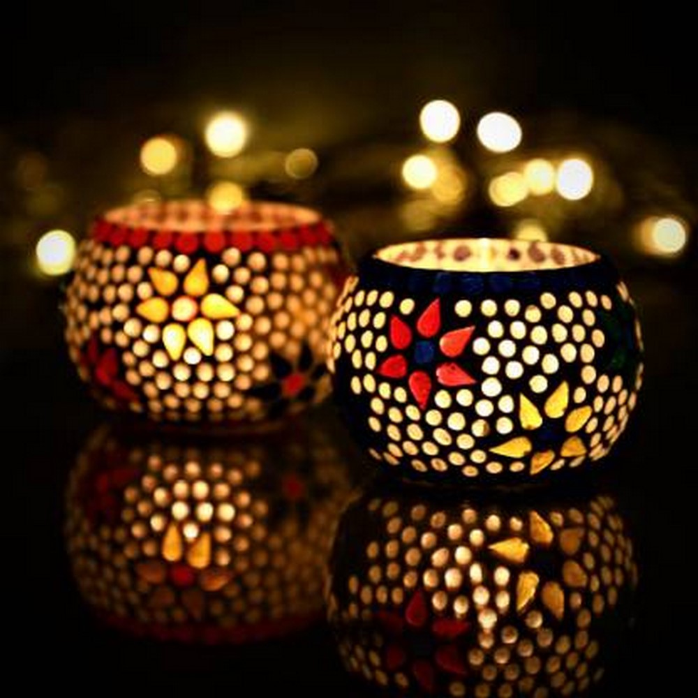 eCraftIndia Mosaic Glass Decorative Tea Light Holders | Pack of 2
