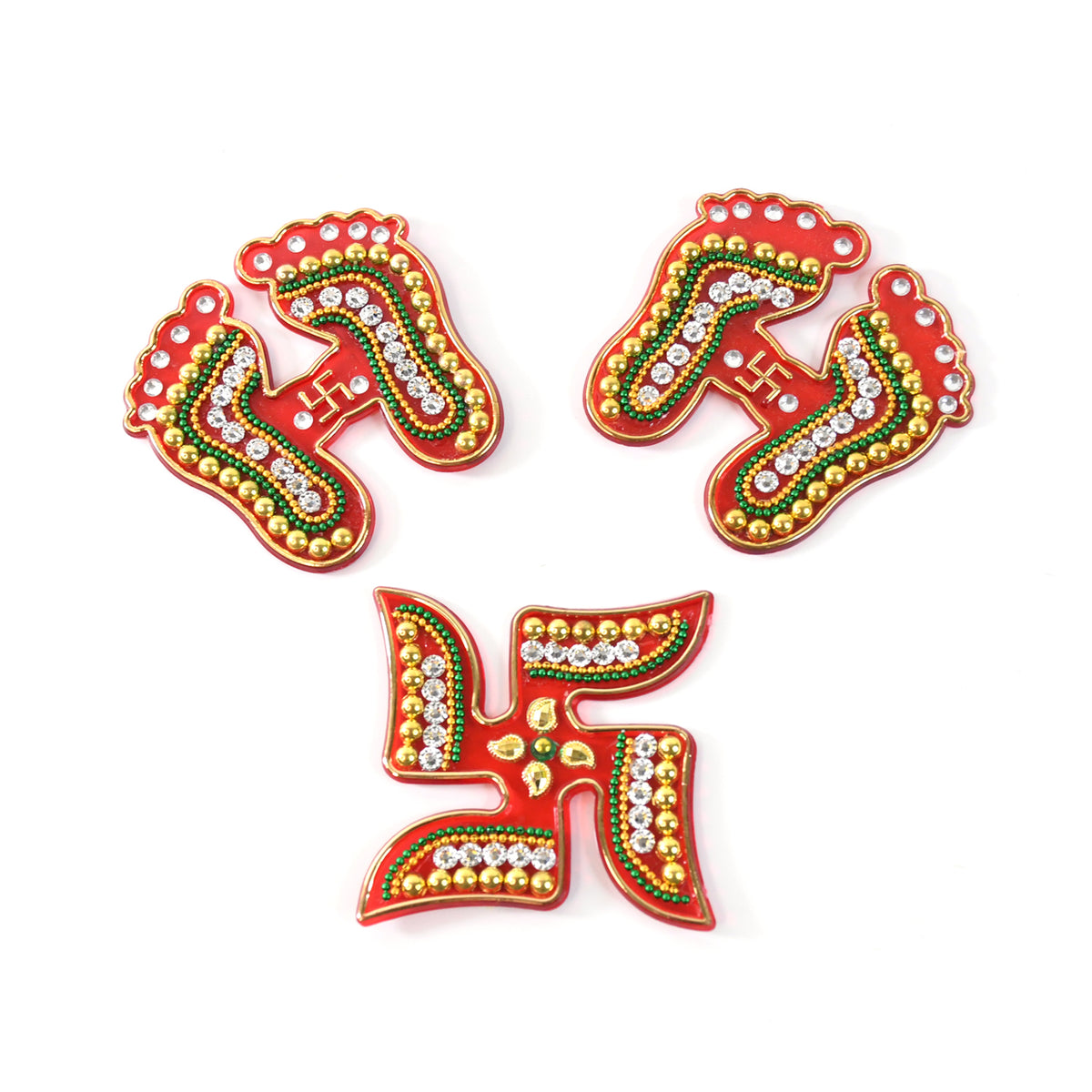 Decorative Laxmi Charan (Pagla) & Swastik Combo Set – Gemstone Rangoli for Diwali & Pooja Decor (Pack of 3)