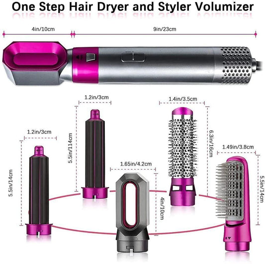 5 in 1 Multifunctional Hair Dryer Styling Tool | Detachable Multi-Head Hot Air Comb with Negative Ion Technology & Automatic Suction Hair Curler | Professional Hair Styler for Women (Grey)