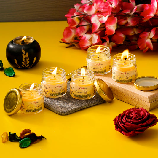 eCraftIndia Lemongrass Scented Mini Jar Candles – Pack of 5 | Aromatherapy Candles