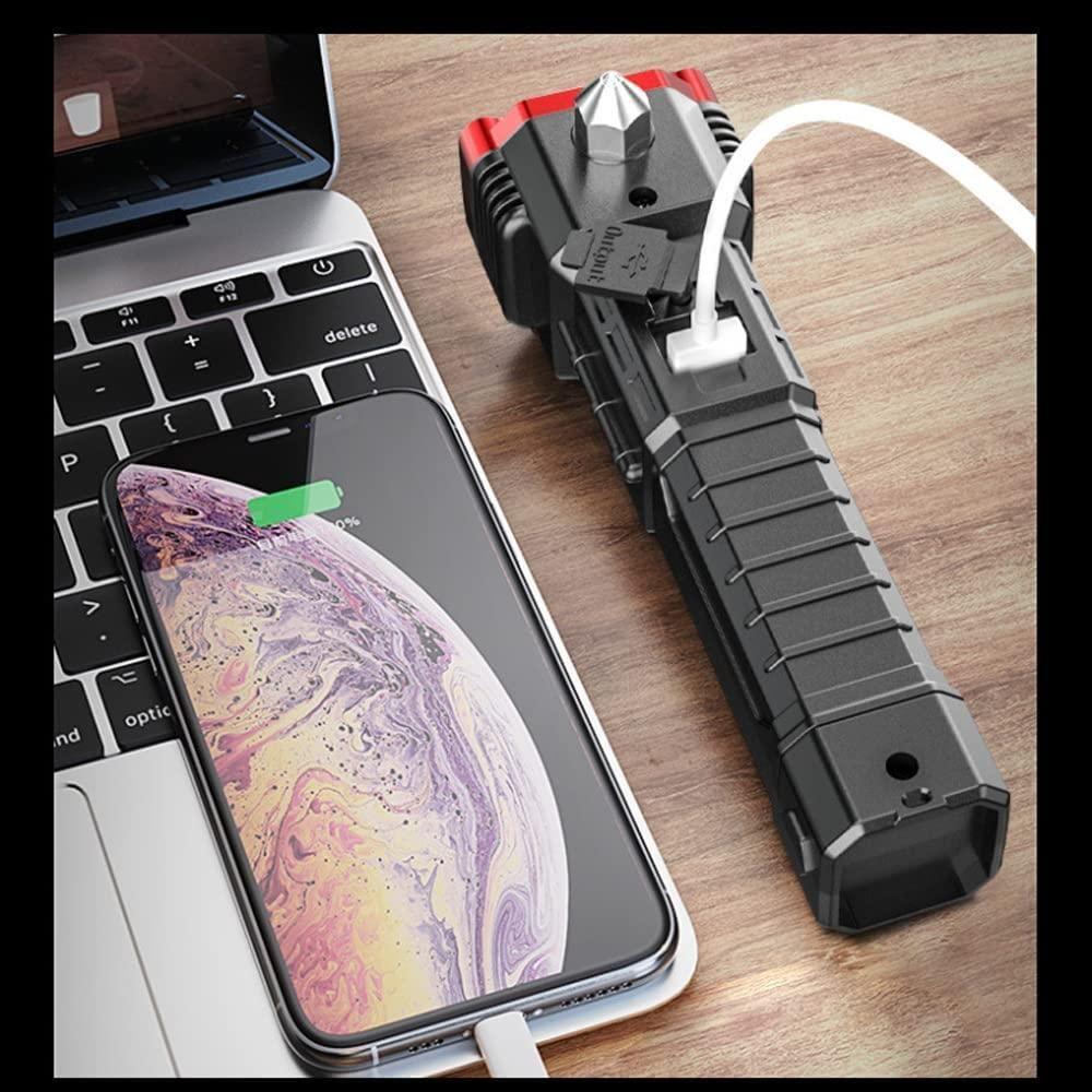 Multifunctional Work Portable LED Flashlight – Rechargeable Torch with Power Bank, Safety Hammer & 4 Modes