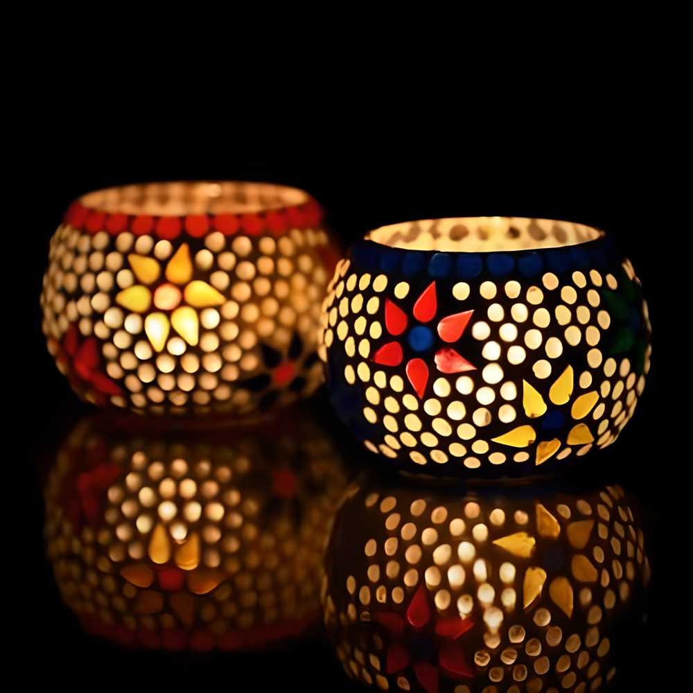 eCraftIndia Mosaic Glass Decorative Tea Light Holders | Pack of 2
