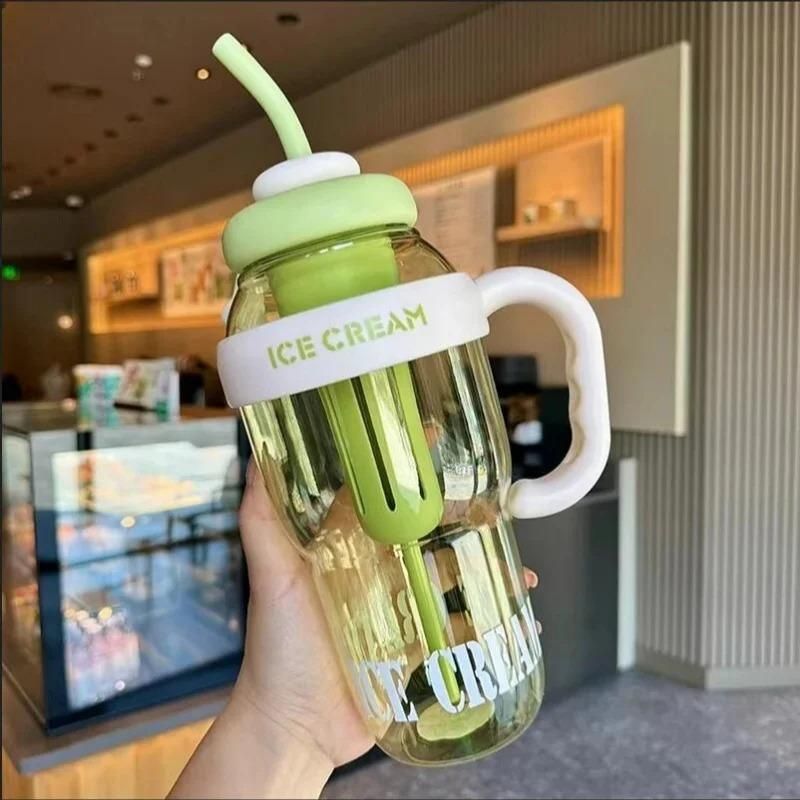 Large Capacity Water Bottle with Handle & Straw | Giant Plastic Water Cup with Straw Lid | Leak-Proof Summer Bottle for Juice, Milk Tea, Smoothies & Water (500g)