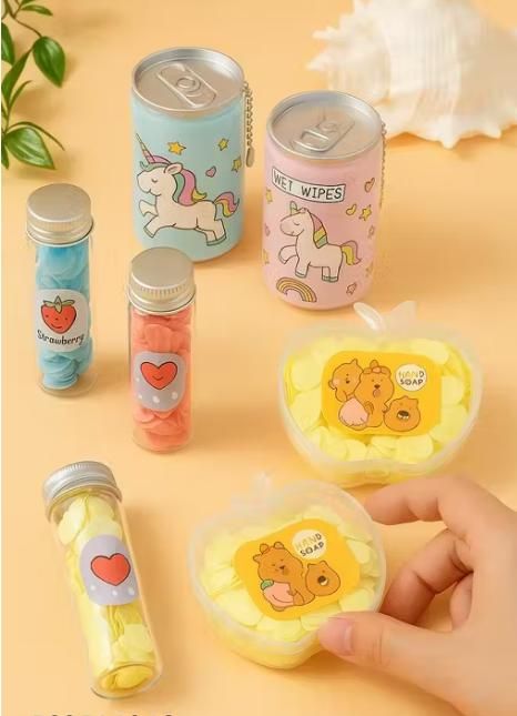 Combo of 6 Wet Wipes Can & Paper Soap Set – Portable Travel Hygiene Kit with Assorted Mini Wipes Cans and Disposable Paper Soap Sheets