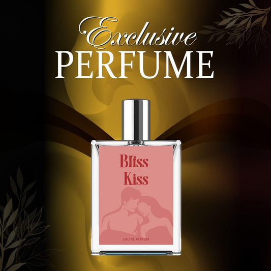 Perfume bottle labeled 'Bliss Kiss' with decorative text and background