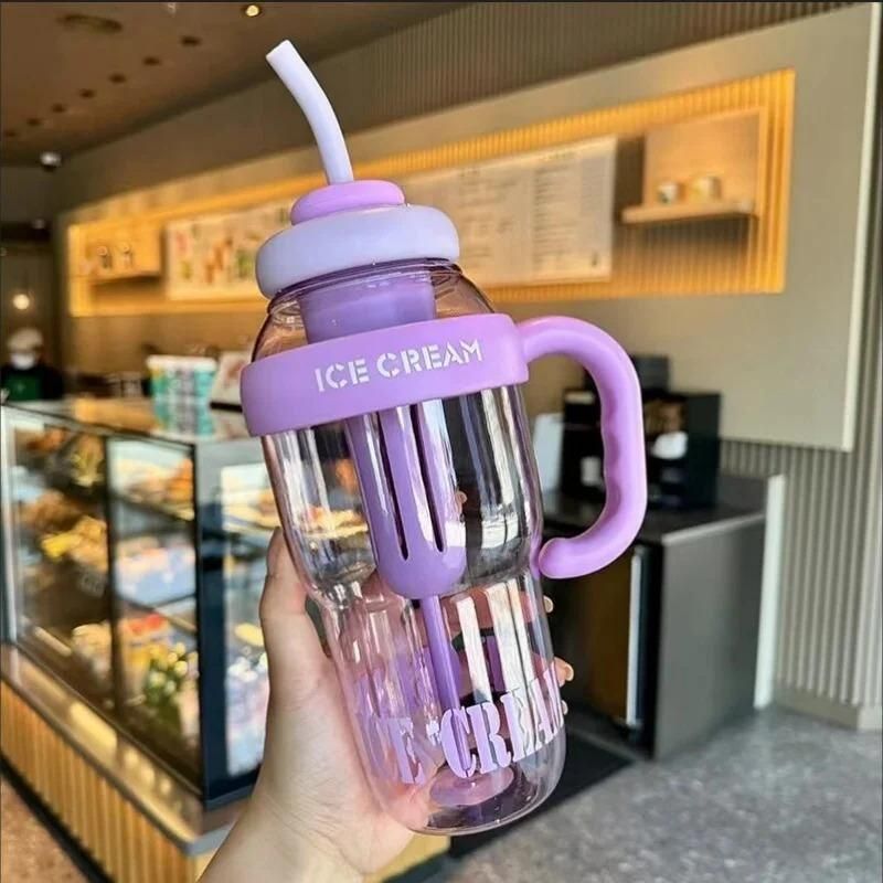 Large Capacity Water Bottle with Handle & Straw | Giant Plastic Water Cup with Straw Lid | Leak-Proof Summer Bottle for Juice, Milk Tea, Smoothies & Water (500g)