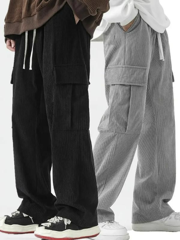 Men's Corduroy Cargo Pants Pack of 2 | Cotton Blend Solid Casual Trousers with Multiple Pockets | Comfortable Regular Fit for Men
