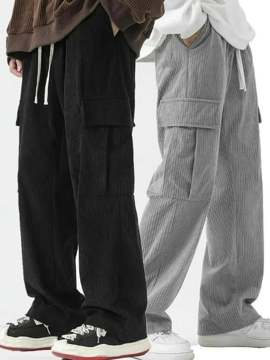Men's Corduroy Cargo Pants Pack of 2 | Cotton Blend Solid Casual Trousers with Multiple Pockets | Comfortable Regular Fit for Men