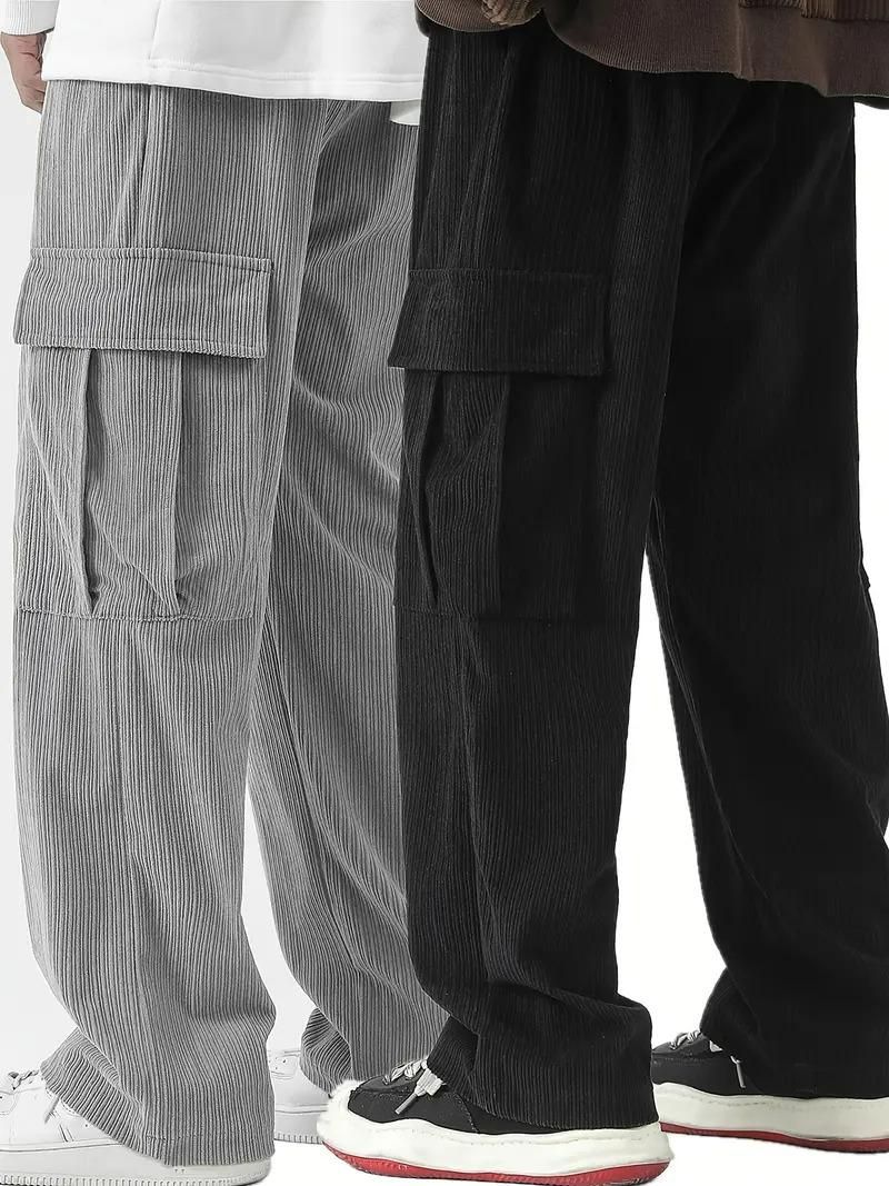 Men's Corduroy Cargo Pants Pack of 2 | Cotton Blend Solid Casual Trousers with Multiple Pockets | Comfortable Regular Fit for Men