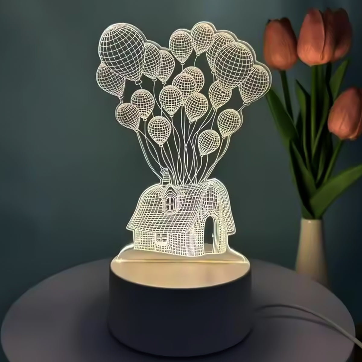 3D Illusion Led Night Lamp With House And Balloons Design | USB Powered Decorative Acrylic Table Light | Bedroom • Living Room • Kids Room • Gift