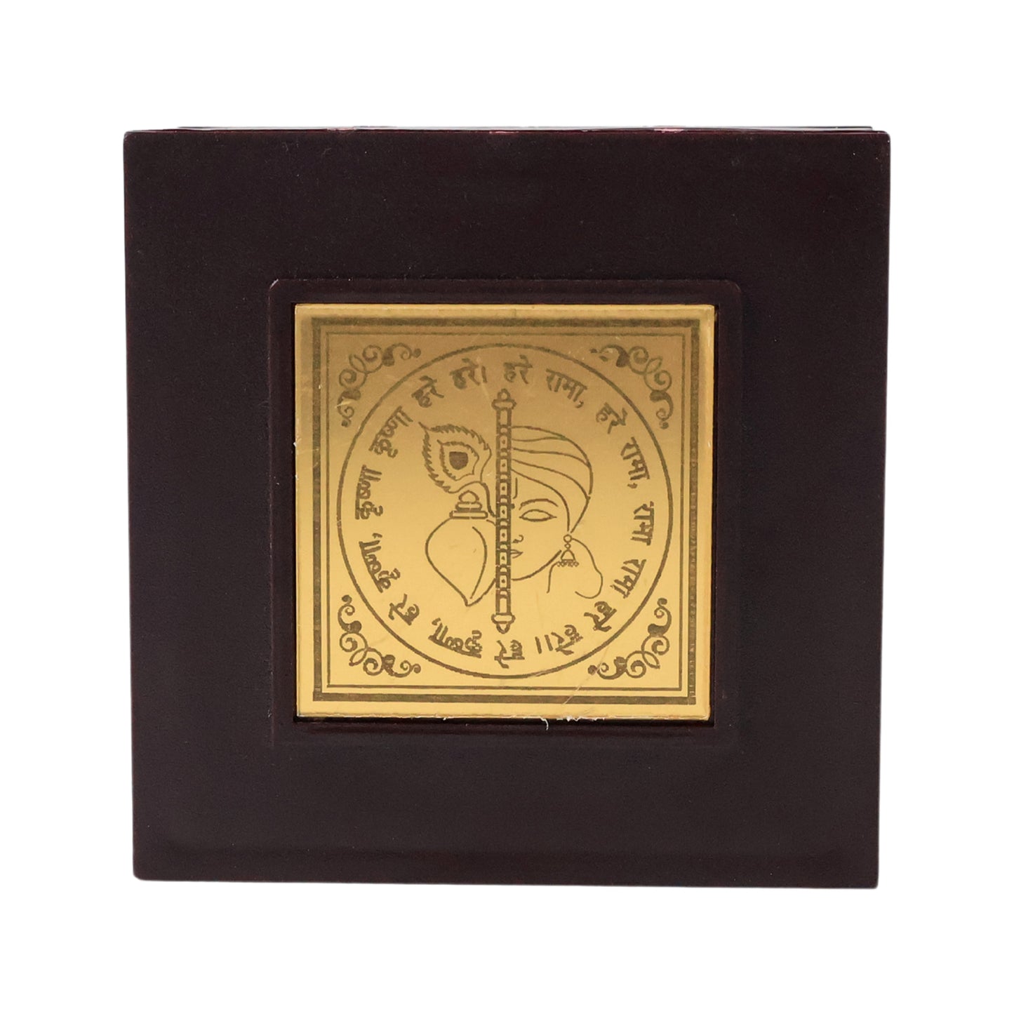 Golden Charan Paduka in Wooden Box with Radha Krishna Design for Pooja, Spiritual Gift, Home Temple and Religious Décor