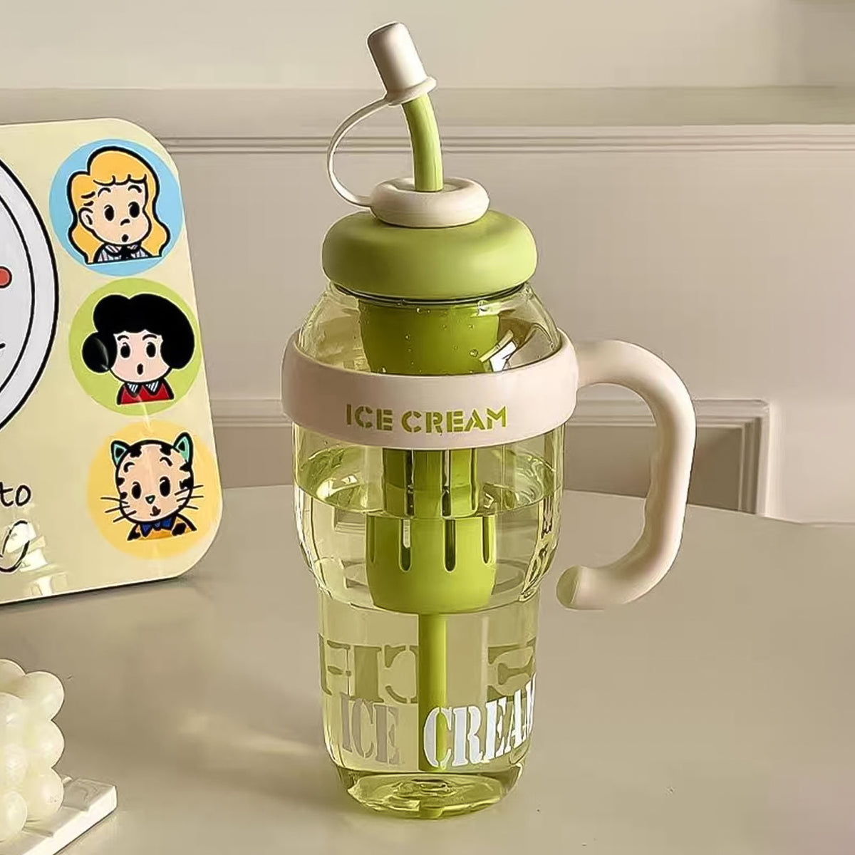 Large Capacity (1300ML) Cute Ice Cream Themed Water Bottle with Handle, Straw & Fruit Infuser – Leakproof Sipper for Kids & Adults
