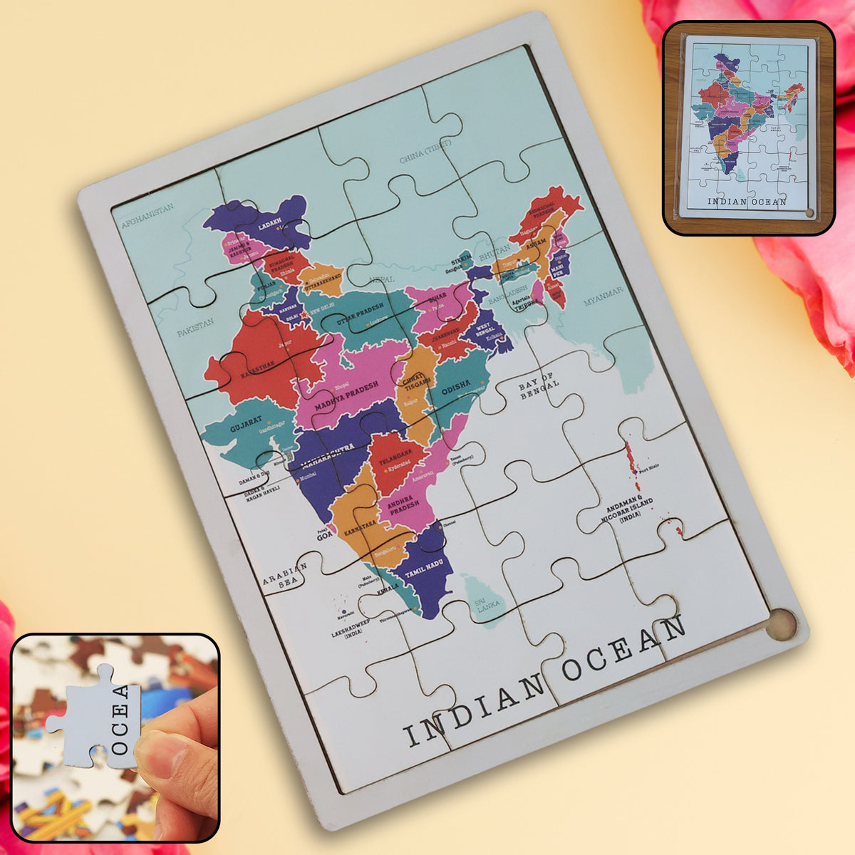 Wooden India Map Puzzle - (1 Set) States & Union Territories Labeled Learning Tray | Colourful Geography Teaching Toy | Safe & Durable