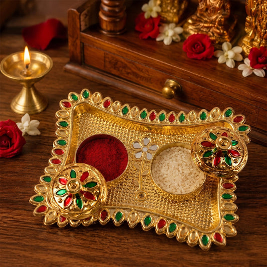 Meenakari Kumkum Holder Golden Metal Double Compartment Pooja Box with Floral Lid for Kumkum Haldi Roli Chandan and Akshat (1 Pc)