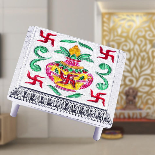 Fancy Aluminium Foil Designer Bajot Wooden Pooja Chowki for Home Temple, Religious Ceremonies and Festival Decoration (1 Pc)