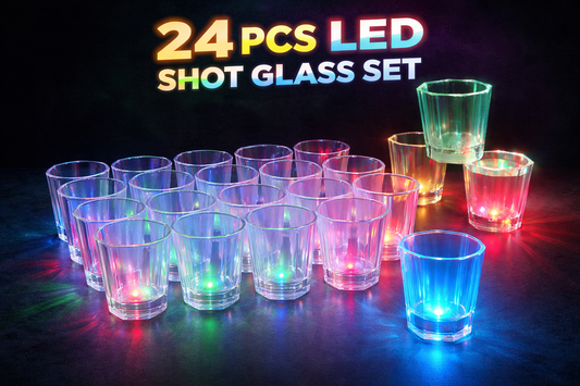 Premium LED Light-Up Shot Glass Set (24 Pc) – Small Transparent Plastic Party Shot Glasses with Multi-Color Flashing Lights