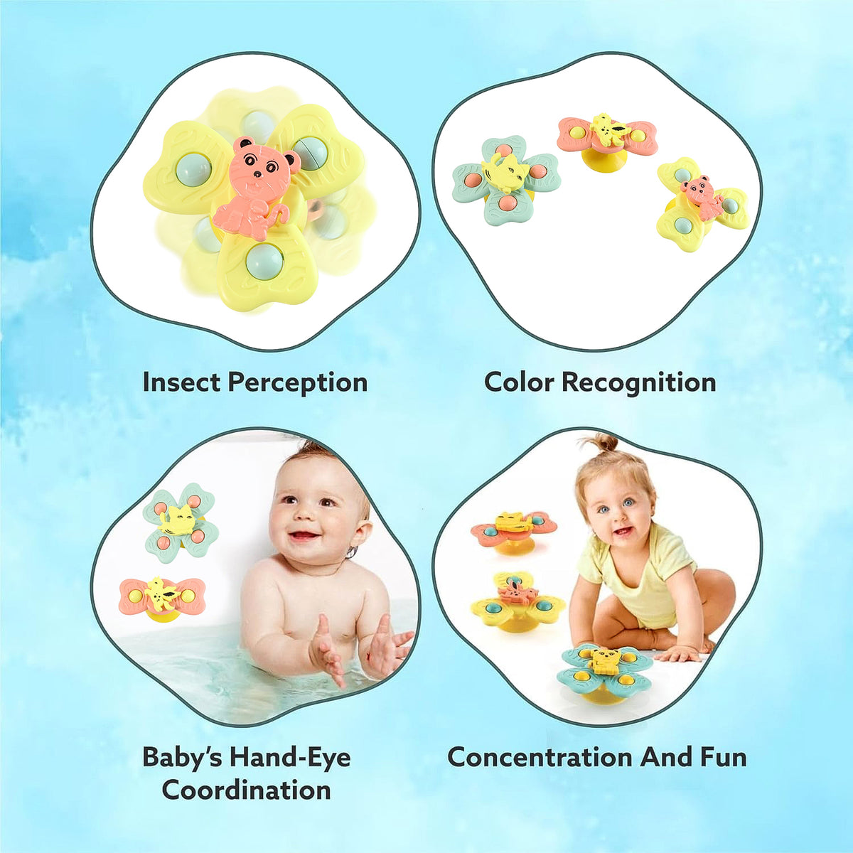 BuzzyBaby Spinner Toy Set – Suction Cup Spinning Toys for Sensory Development, Tummy Time Play & Early Learning Stimulation (3 Pc Set)