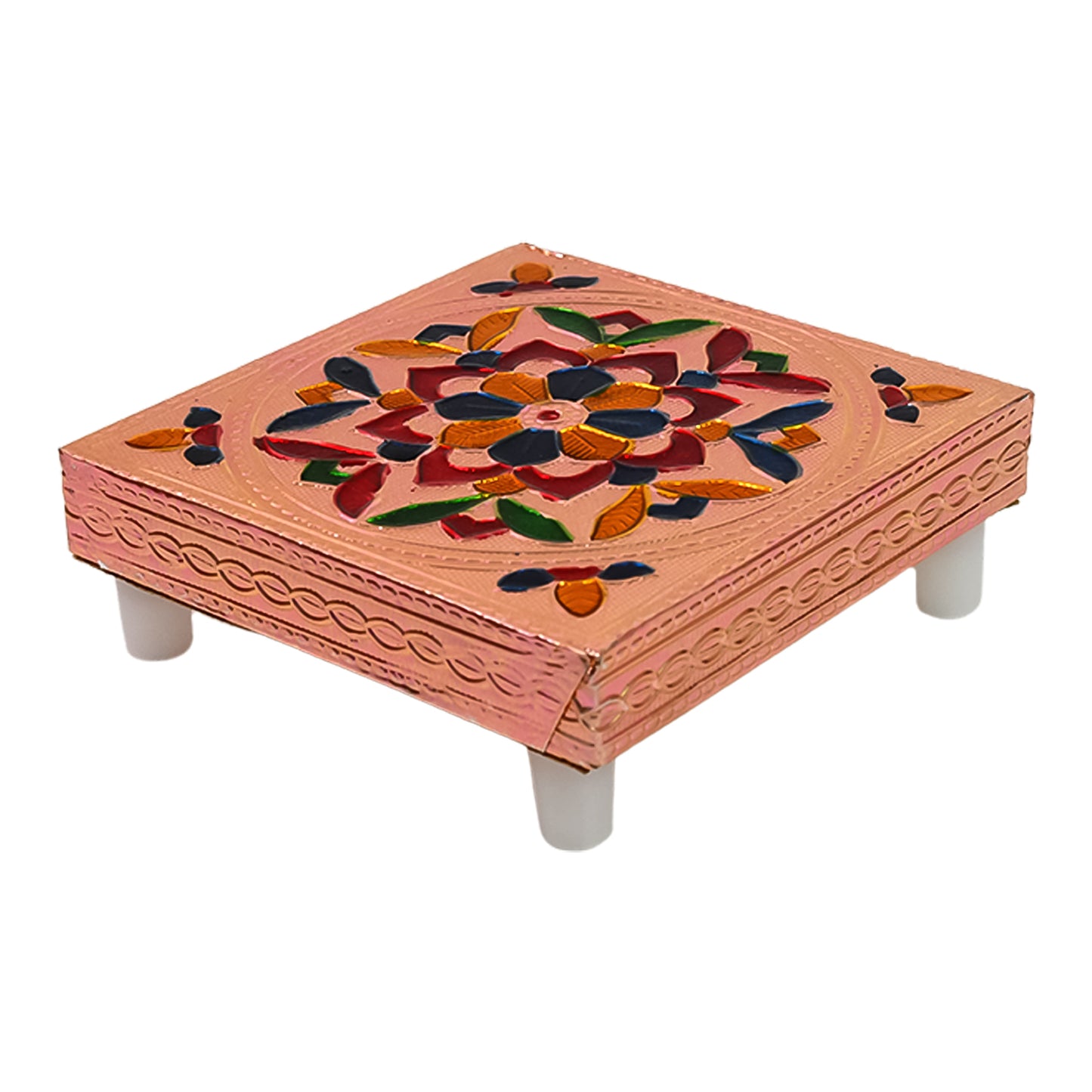 Handcrafted Meenakari Wooden Chowki Bajot for Puja | Hand Painted Multicolour Wooden Pooja Stand for God Idols, Kalash, Diya and Home Temple Décor (1 Piece)