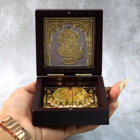 Golden Charan Paduka in Wooden Box with Radha Krishna Design for Pooja, Spiritual Gift, Home Temple and Religious Décor