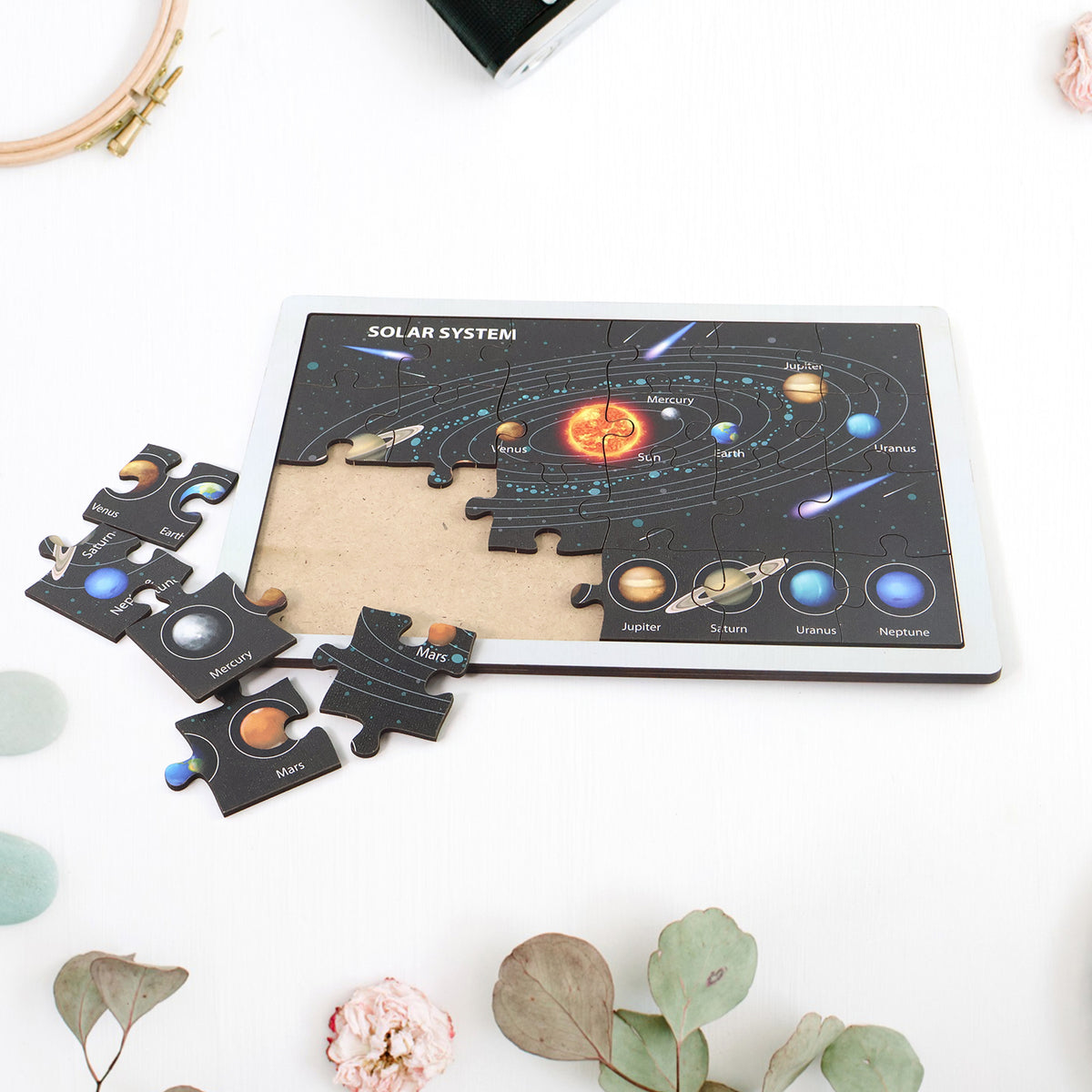 Wooden Solar System Puzzle For Kids - (1 Set) Labeled Planets Learning Tray | STEM Space Teaching Toy | Durable & Safe