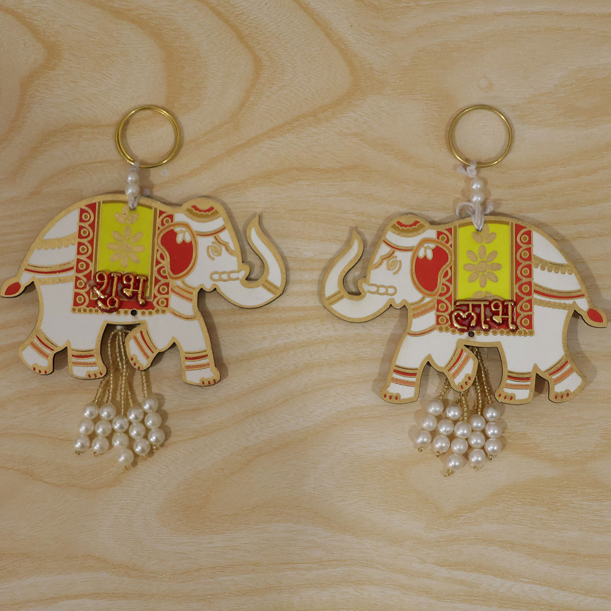 Wooden Elephant Shubh Labh Wall Hanging With Bead Tassels For Door And Festive Decor (2 Pc Set)