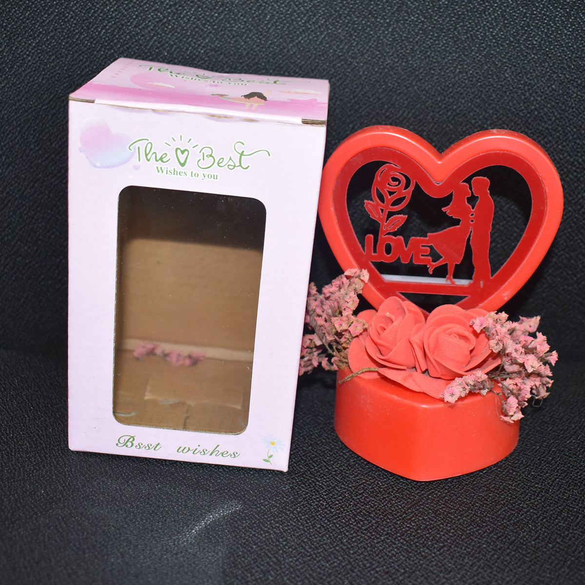 Romantic Heart-shaped Love Couple Decorative Showpiece (1 Pc) with Rose Base & Warm LED Light | Tabletop Gift for Home Décor (Battery Not Included)