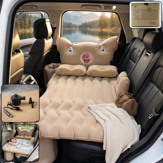 Car Air Mattress Bed Set Cartoon Pig Design Inflatable Back Seat Travel Bed with Electric Air Pump Pillows and Side Cushions (1 Set)