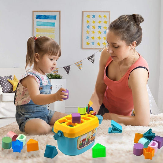Baby First Block Set Shape Sorting and Stacking Toy for Toddlers 16 Pieces ABCD Geometric Learning Blocks with Storage Basket for 18 Months Plus Pack of 1