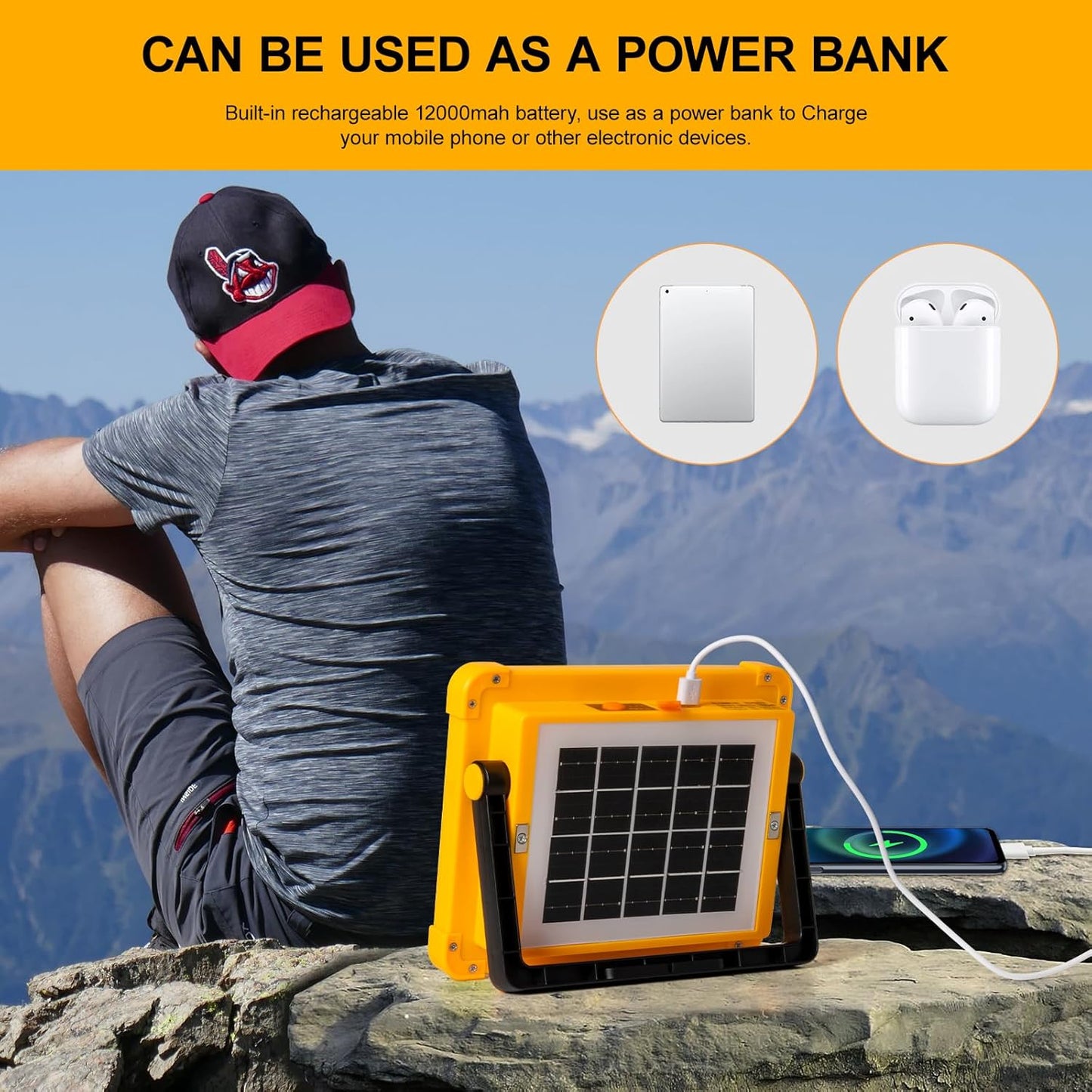 Solar LED Flood Light – 4 Panel High Power Rechargeable Outdoor Lamp with USB Charging (1 Pc)